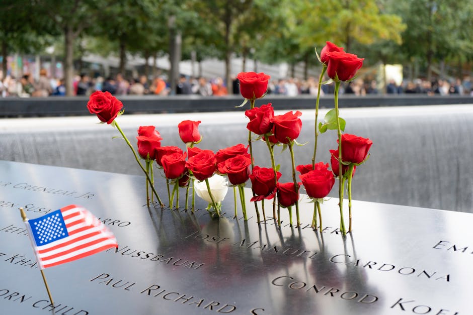 Red roses and American flag representing community and values